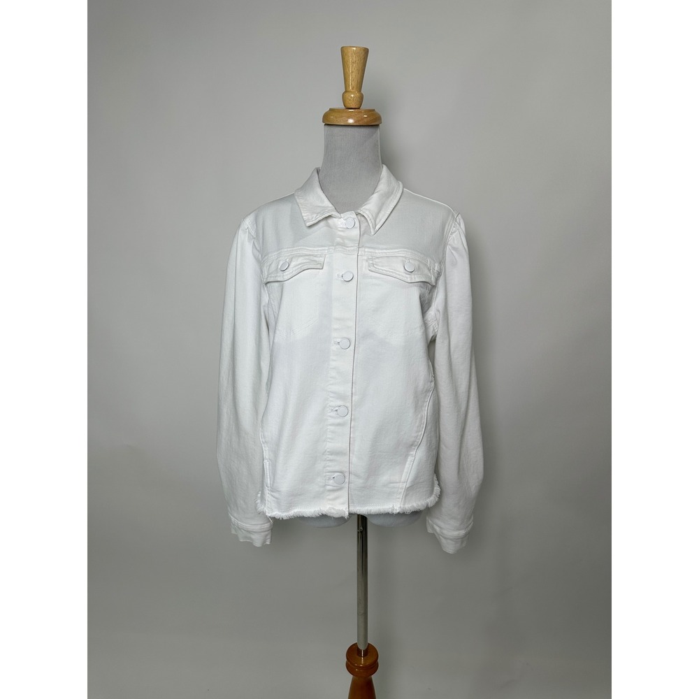 Democracy White Jean Jacket Ruffle Hem XL Stretch Denim Trucker Puffed Shoulder